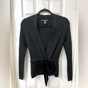 Marina Luna Womens Sz S Black Cardigan Merino Wool  Velour Tie Waist